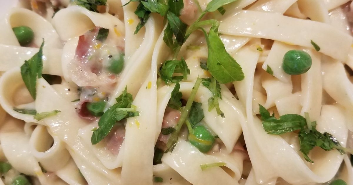 Prosciutto Peas Pasta with Meyer Lemon Parm Sauce Healthy Old Broad